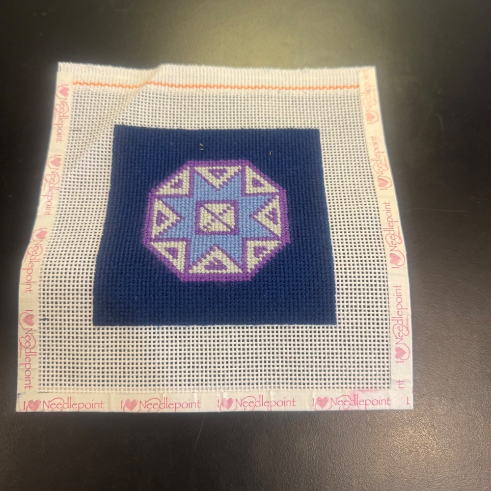 I Love Needlepoint Finished Canvas Small Navy Purple Geometric Starburst 6x6